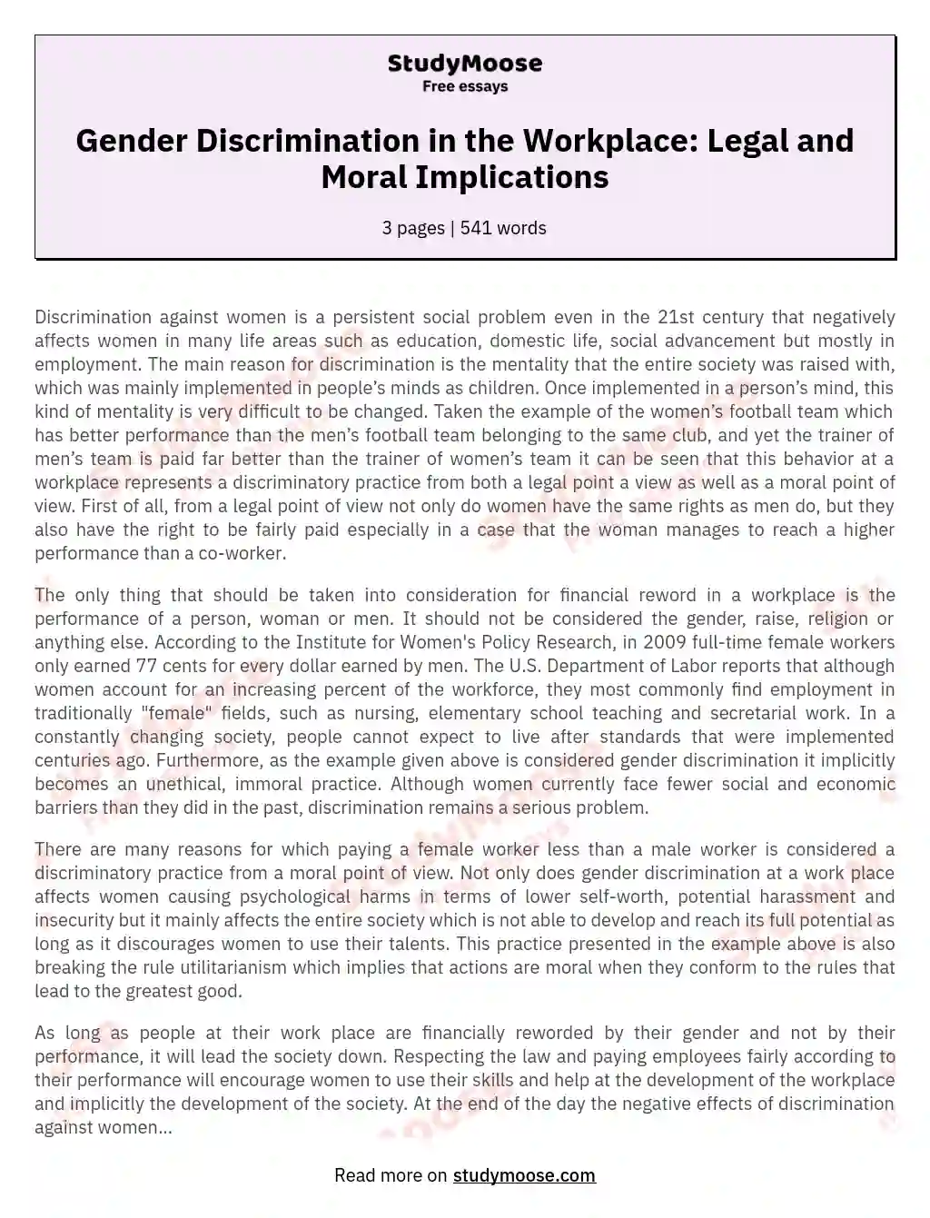 Gender Discrimination in the Workplace: Legal and Moral Implications essay