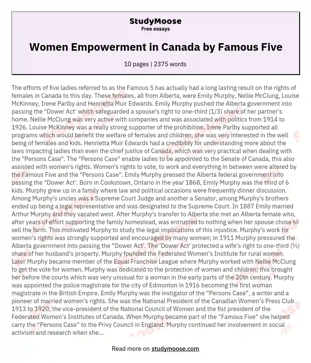Women Empowerment in Canada by Famous Five