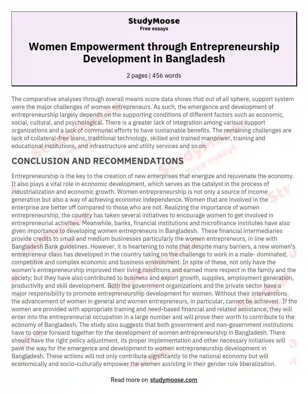 Women Empowerment through Entrepreneurship Development in Bangladesh essay