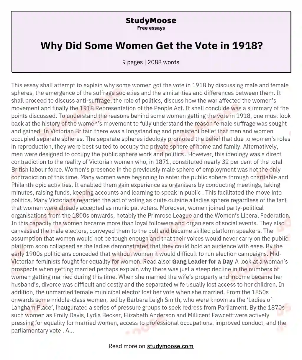 Why Did Some Women Get the Vote in 1918?