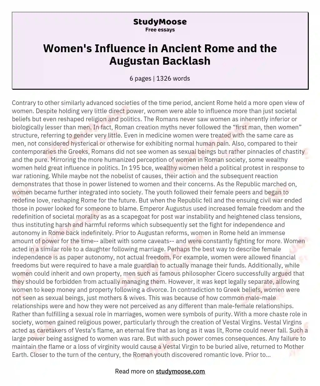 Women's Influence in Ancient Rome and the Augustan Backlash essay