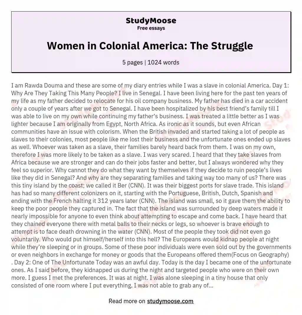 Women in Colonial America: The Struggle  essay
