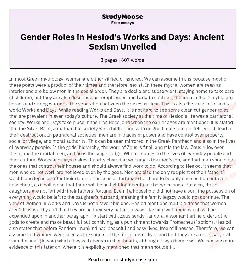 Gender Roles in Hesiod's Works and Days: Ancient Sexism Unveiled essay