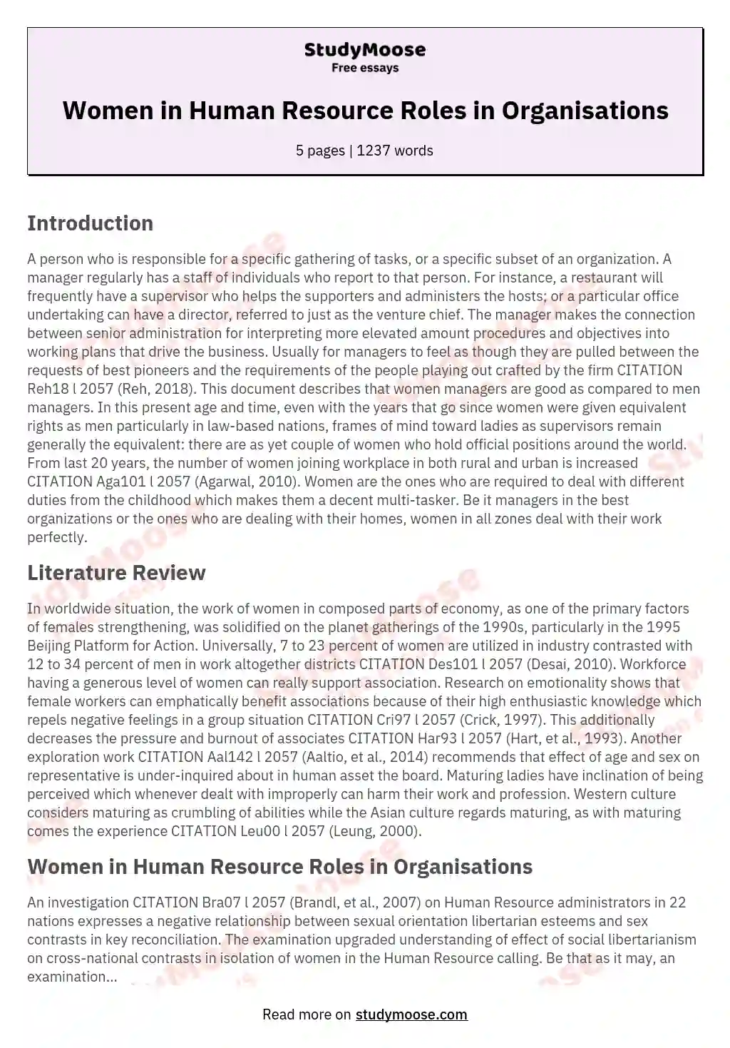 Women in Human Resource Roles in Organisations essay
