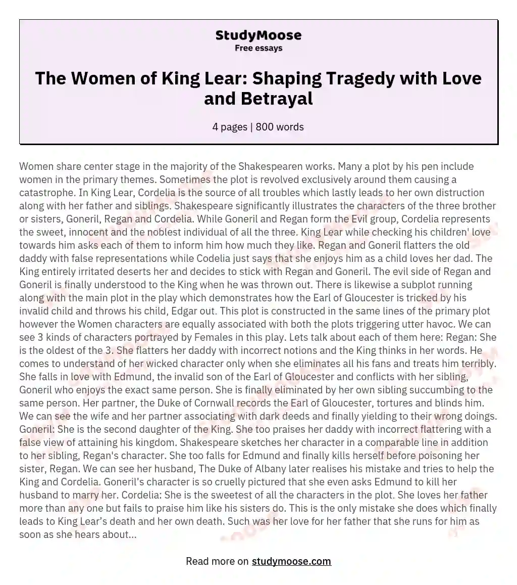 The Women of King Lear: Shaping Tragedy with Love and Betrayal essay