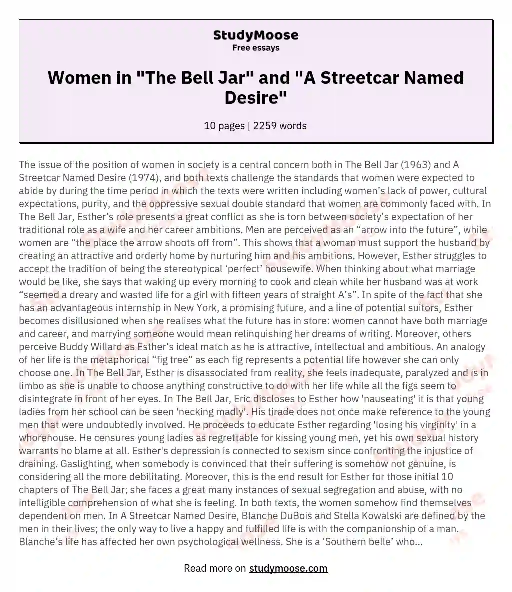 Women in "The Bell Jar" and "A Streetcar Named Desire"