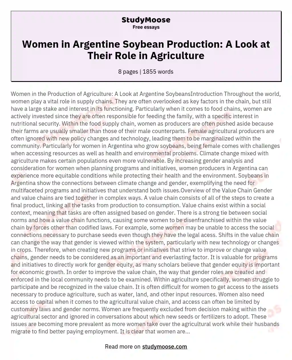 Women in Argentine Soybean Production: A Look at Their Role in Agriculture essay