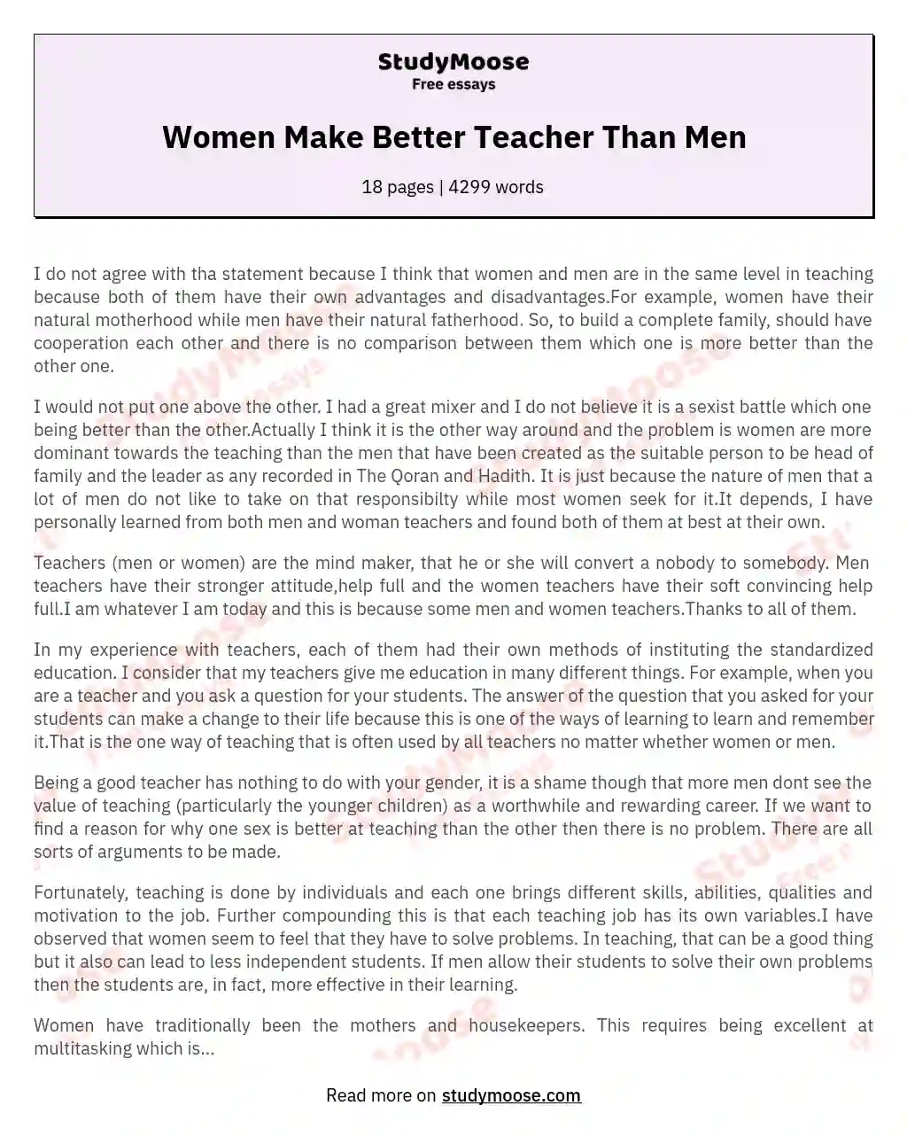 Women Make Better Teacher Than Men essay