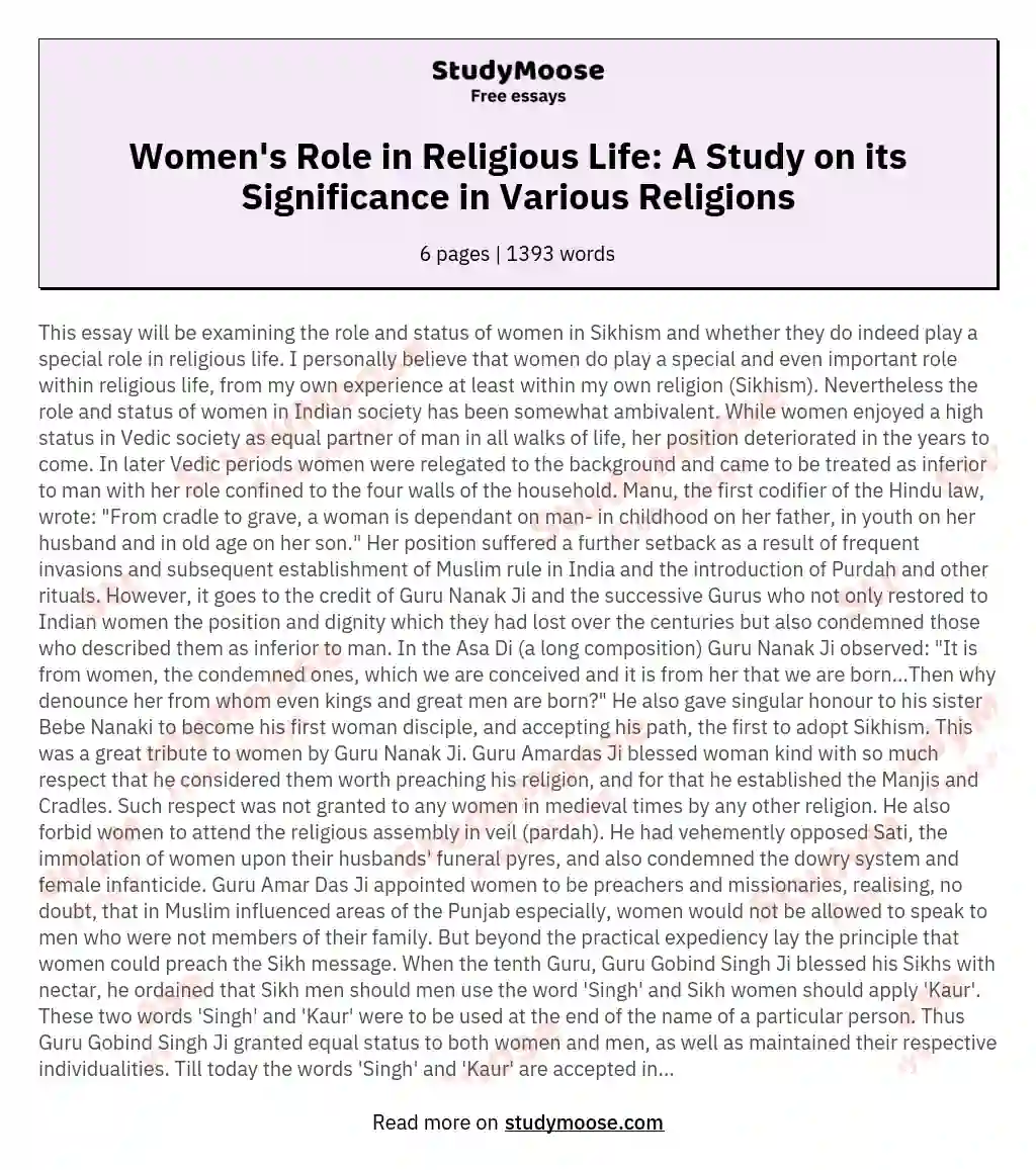 Women's Role in Religious Life: A Study on its Significance in Various Religions essay