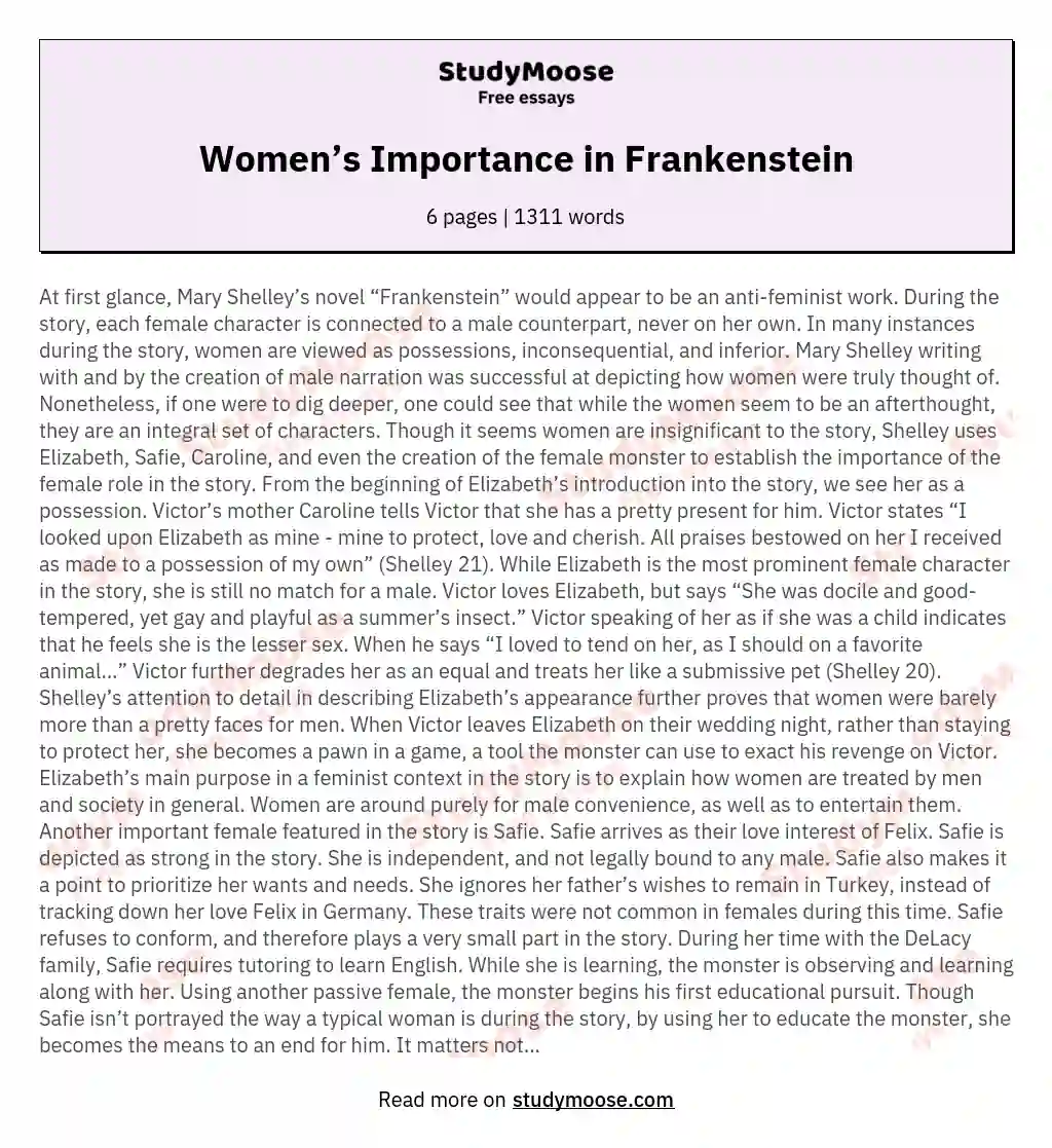 Women’s Importance in Frankenstein essay