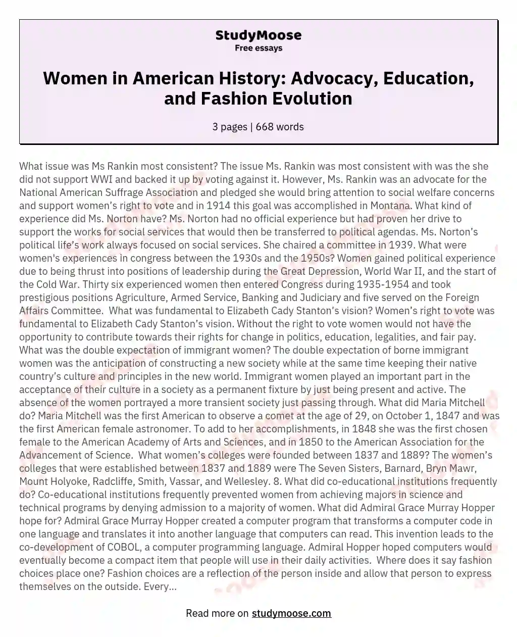 Women in American History: Advocacy, Education, and Fashion Evolution essay
