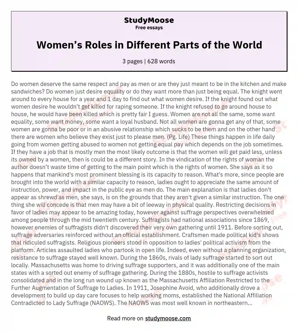 Women’s Roles in Different Parts of the World essay