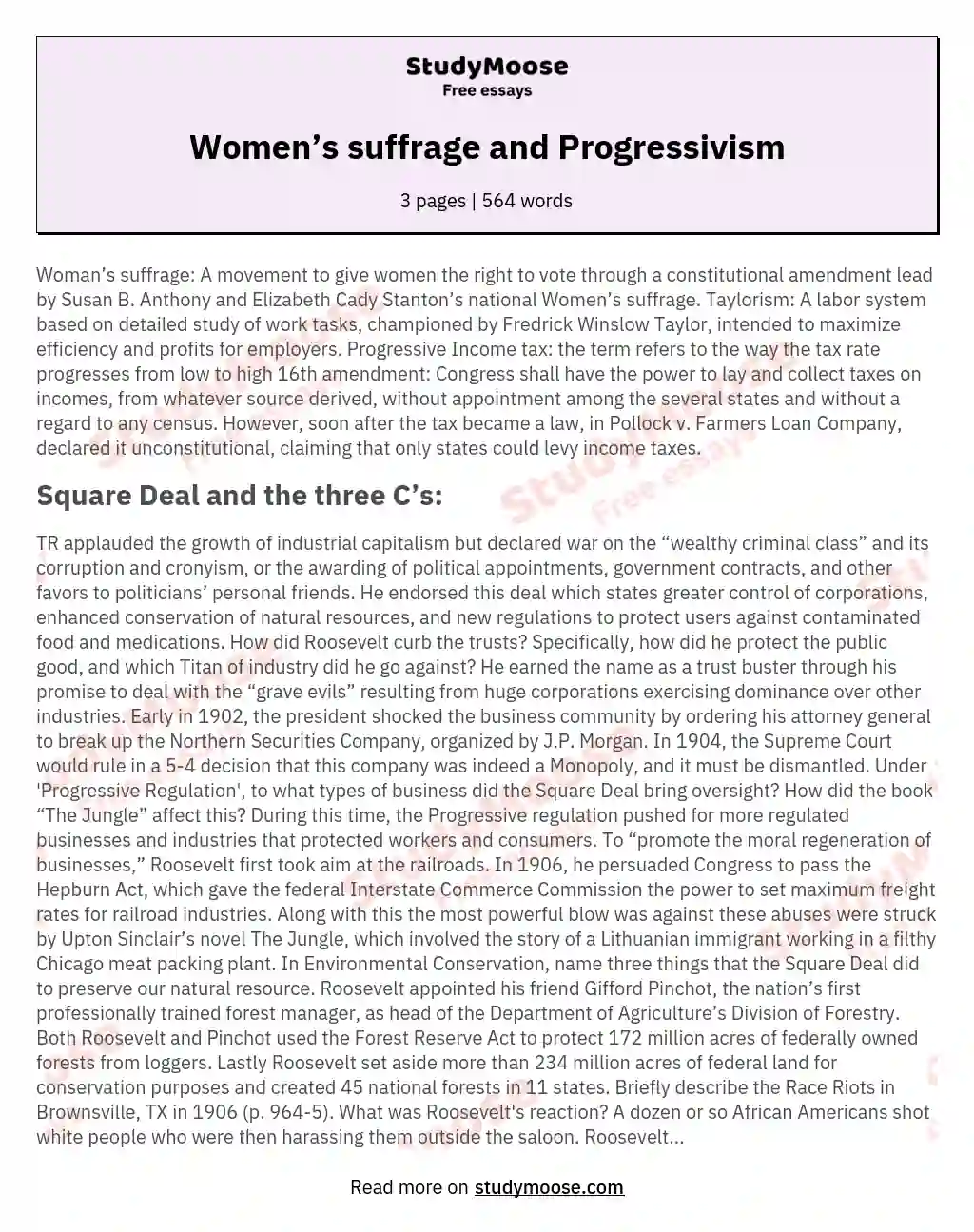 Women’s suffrage and Progressivism essay