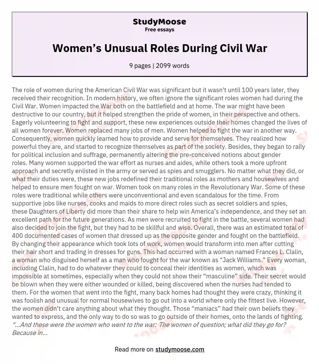 Women’s Unusual Roles During Civil War essay