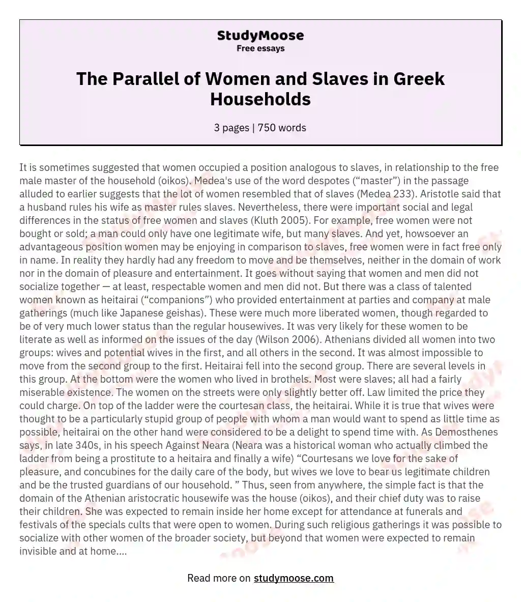 The Parallel of Women and Slaves in Greek Households essay