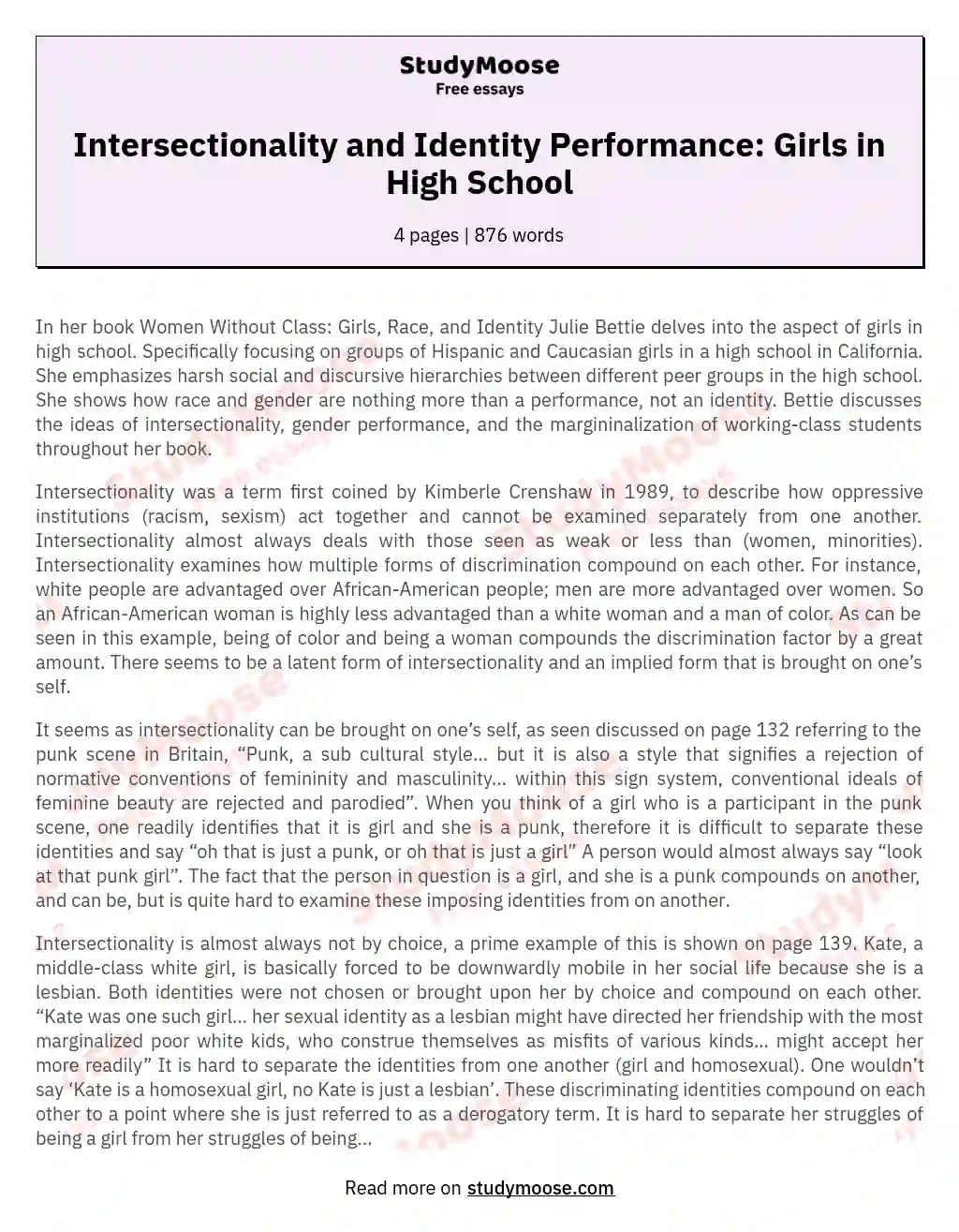 Intersectionality and Identity Performance: Girls in High School essay
