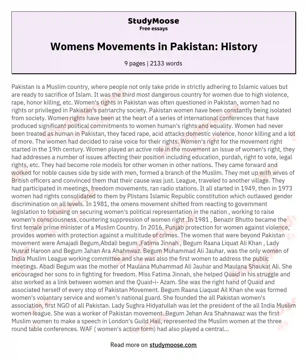 Womens Movements in Pakistan: History