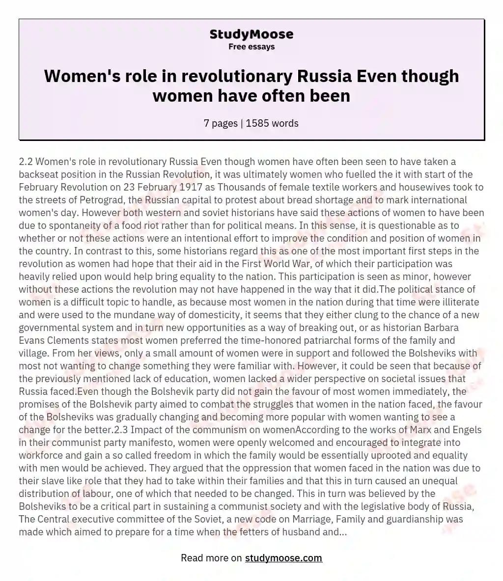 Women's role in revolutionary Russia Even though women have often been