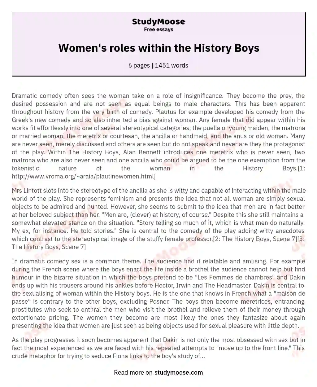 Women's roles within the History Boys