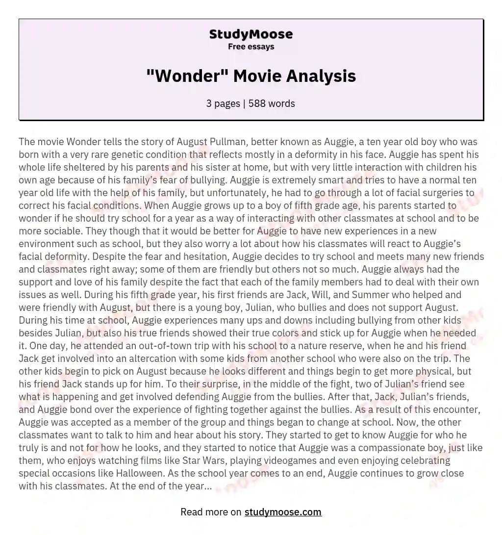 "Wonder" Movie Analysis essay