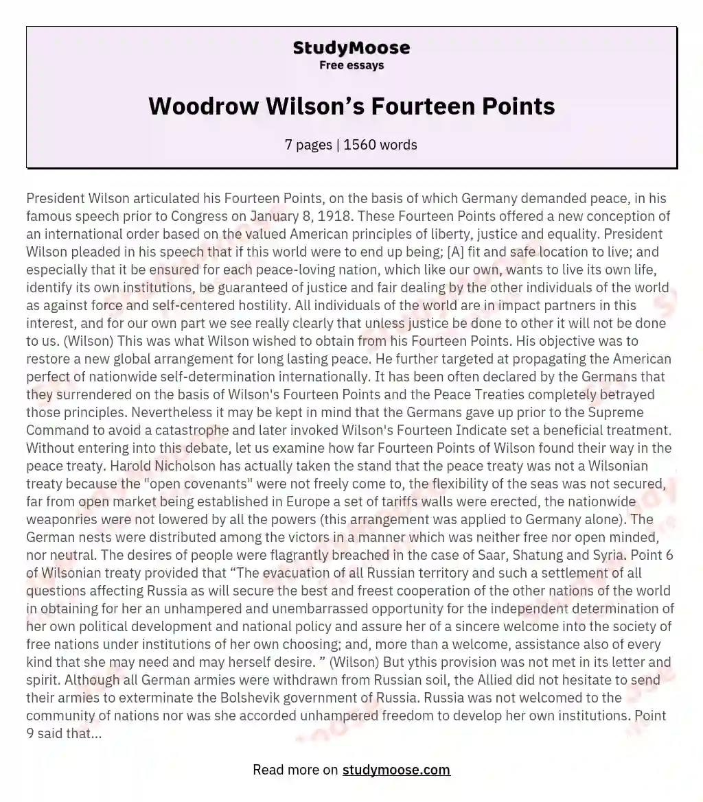 Woodrow Wilson’s Fourteen Points essay