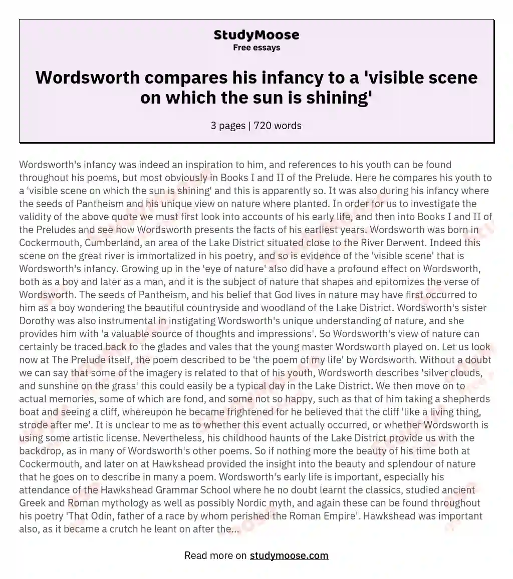 Wordsworth compares his infancy to a 'visible scene on which the sun is shining' essay