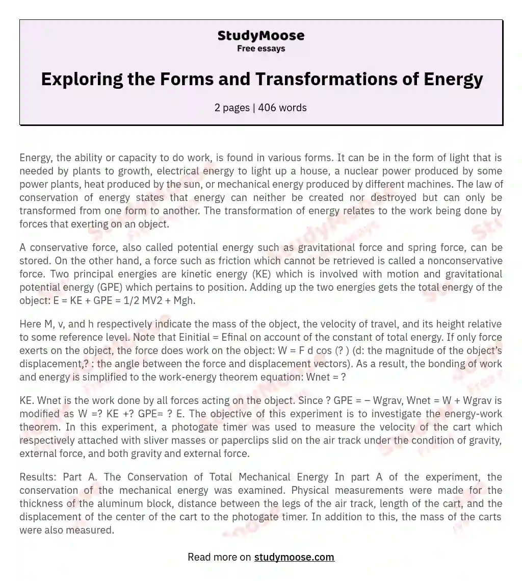 Exploring the Forms and Transformations of Energy essay