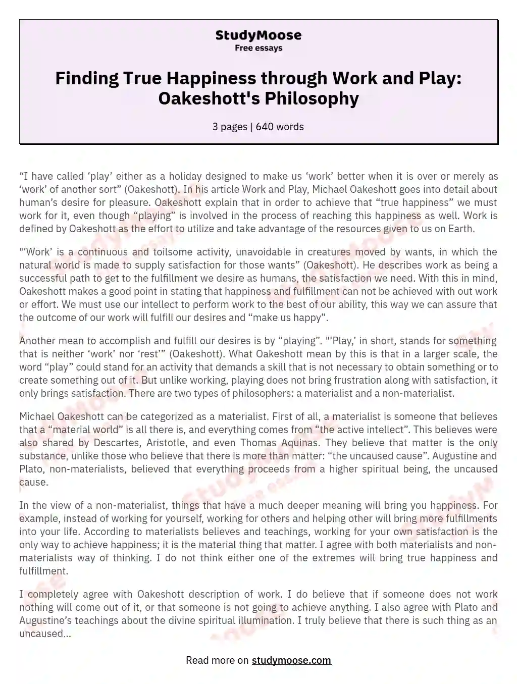 Finding True Happiness through Work and Play: Oakeshott's Philosophy essay
