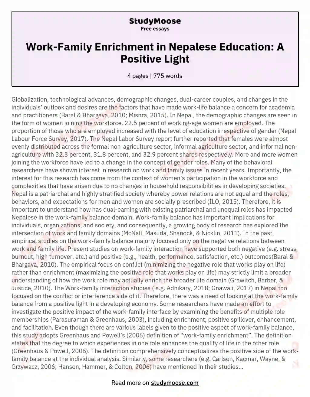 Work-Family Enrichment in Nepalese Education: A Positive Light essay