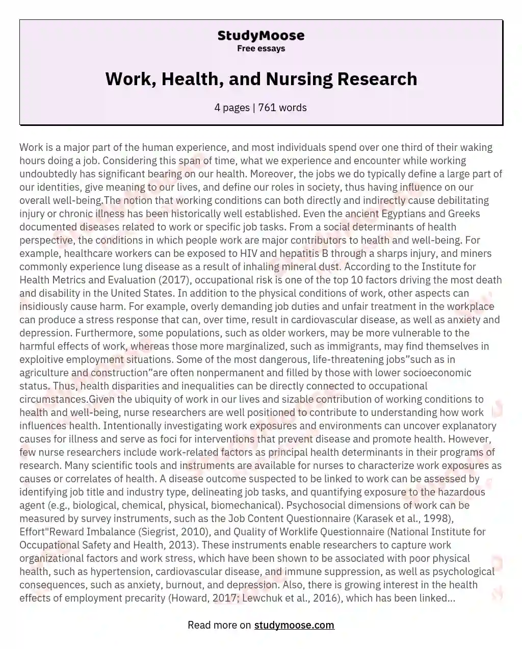 Work, Health, and Nursing Research essay