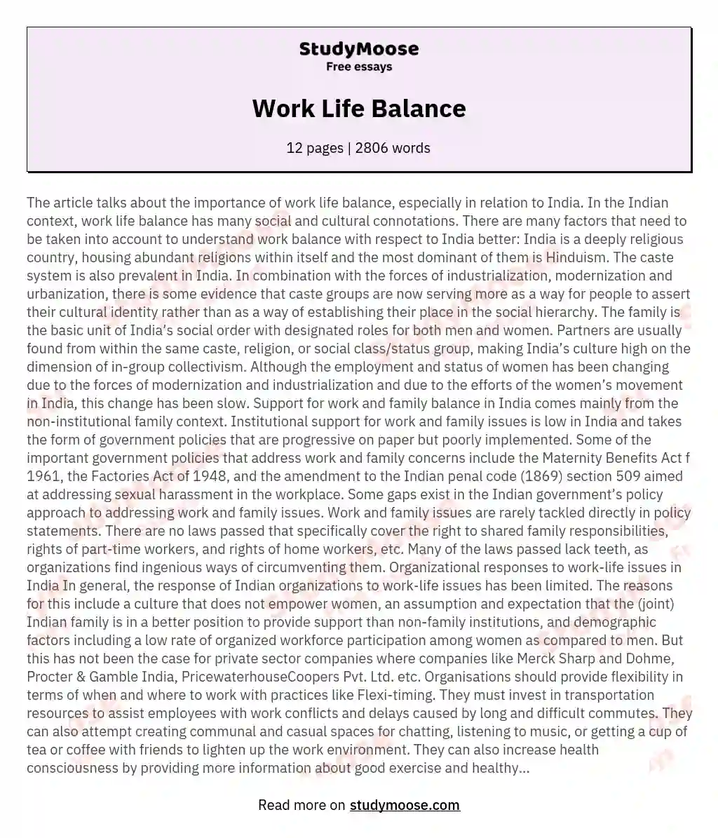Work Life Balance essay