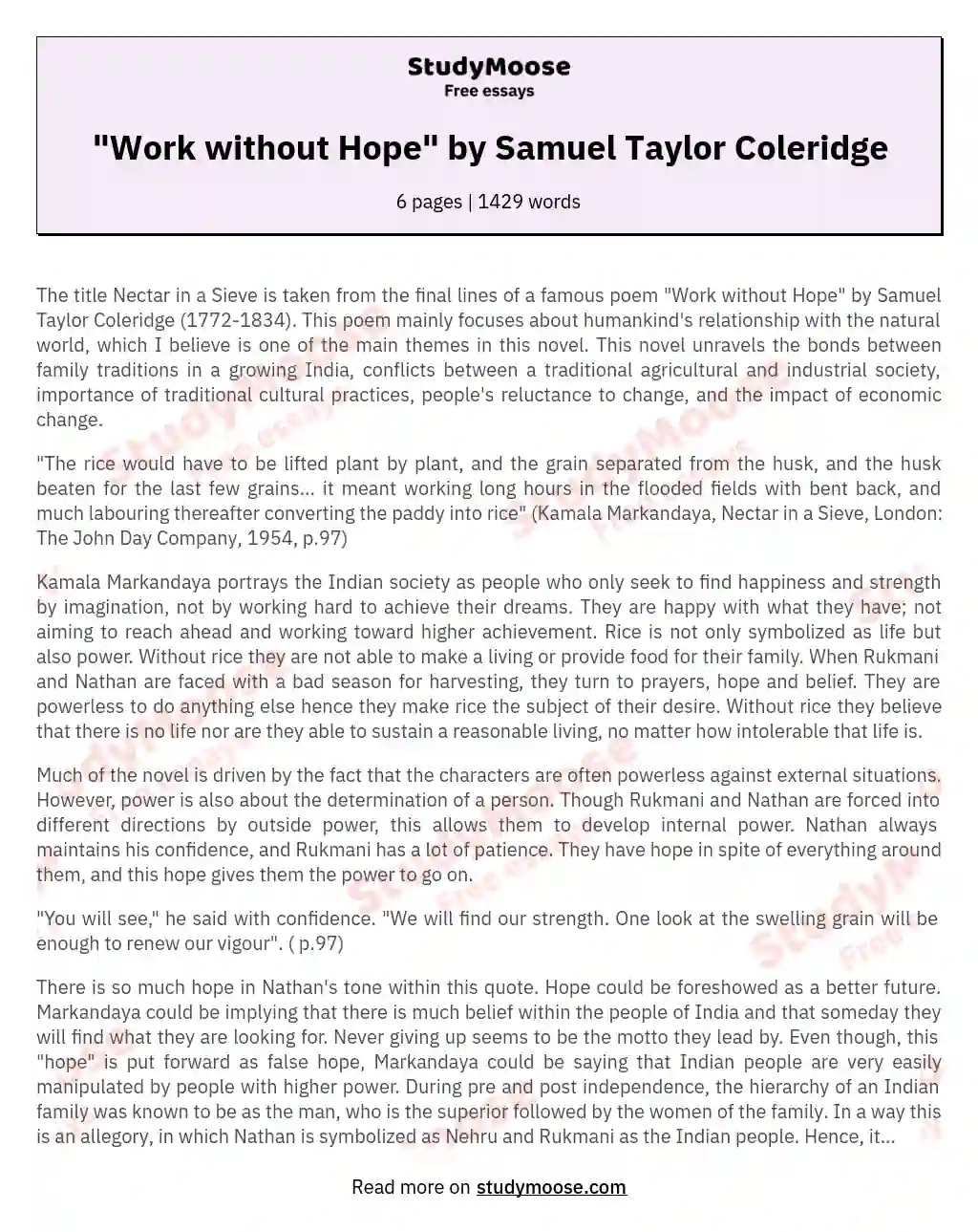 "Work without Hope" by Samuel Taylor Coleridge essay