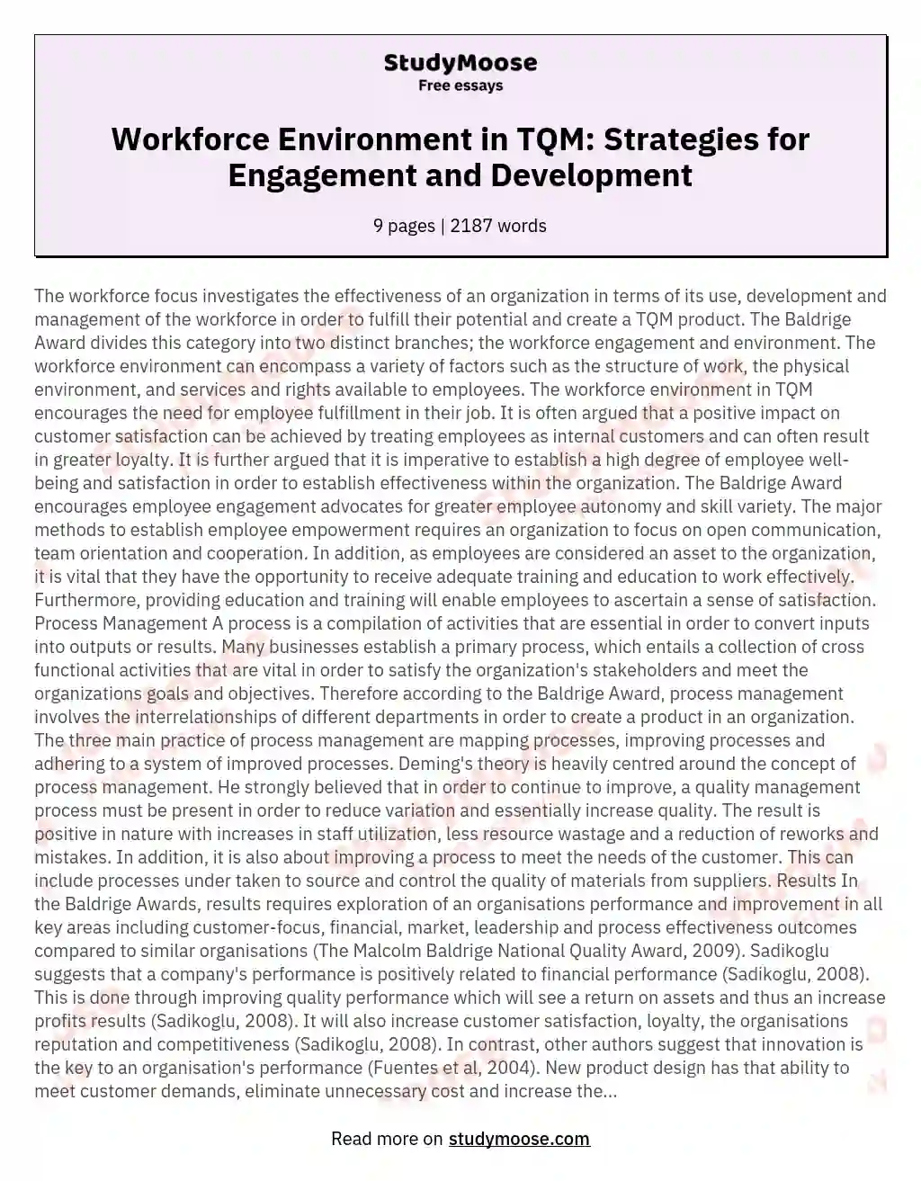 Workforce Environment in TQM: Strategies for Engagement and Development essay