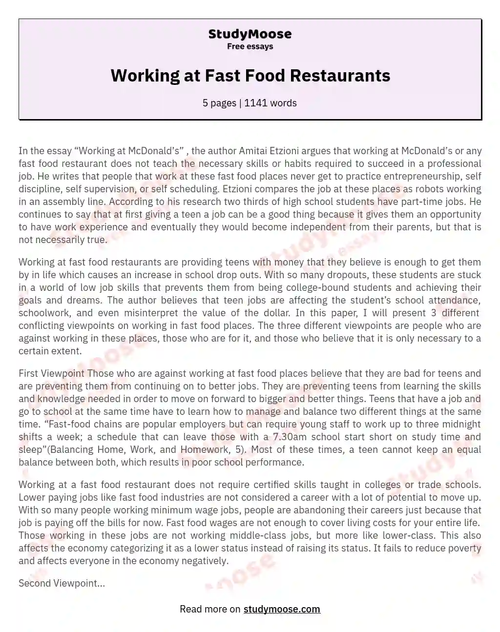 Working at Fast Food Restaurants essay