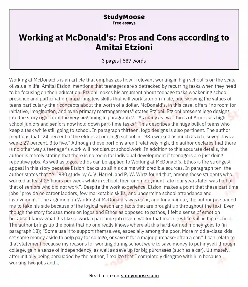 Working at McDonald’s: Pros and Cons according to Amitai Etzioni
