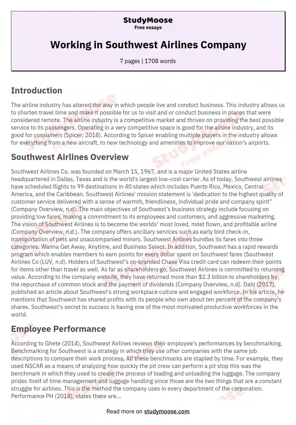 Working in Southwest Airlines Company essay