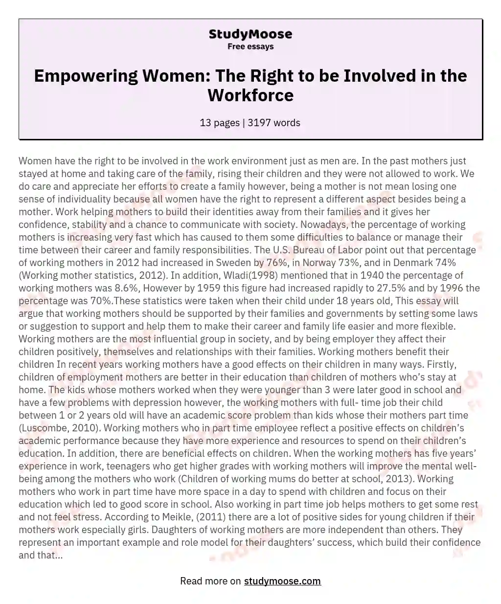 Empowering Women: The Right to be Involved in the Workforce essay