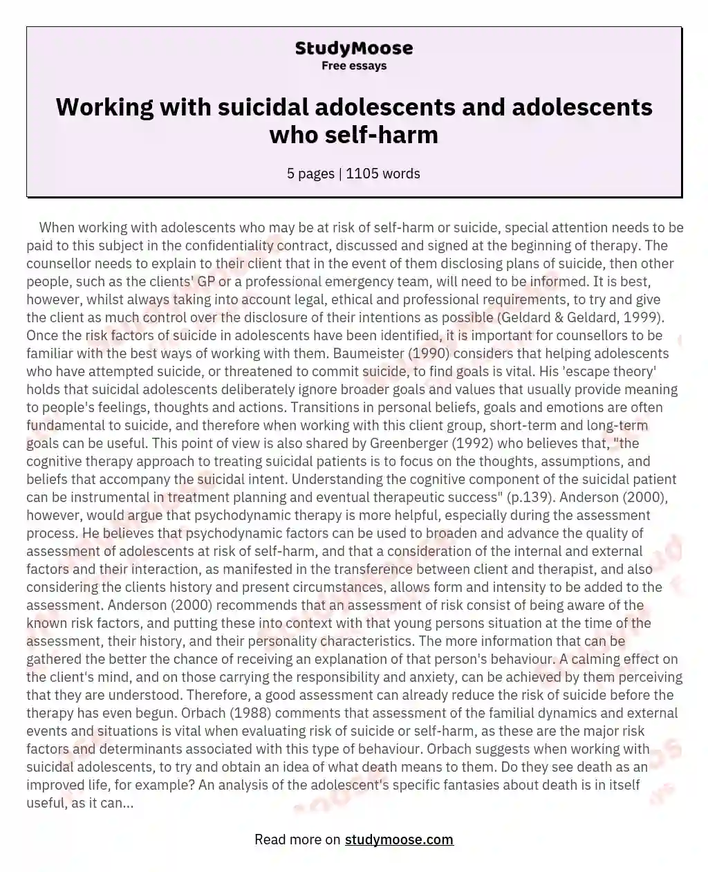 Working with suicidal adolescents and adolescents who self-harm