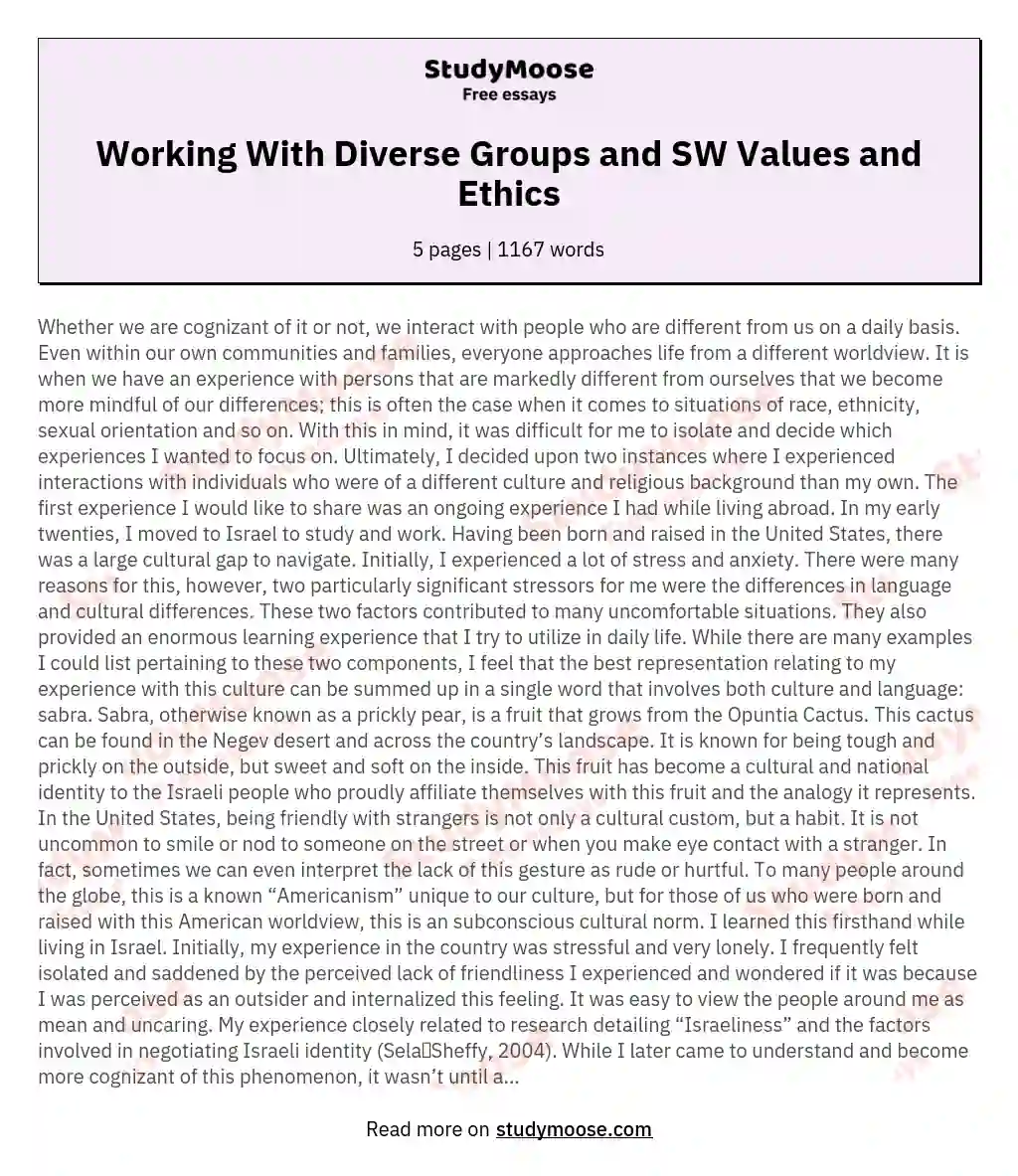 Working With Diverse Groups and SW Values and Ethics essay