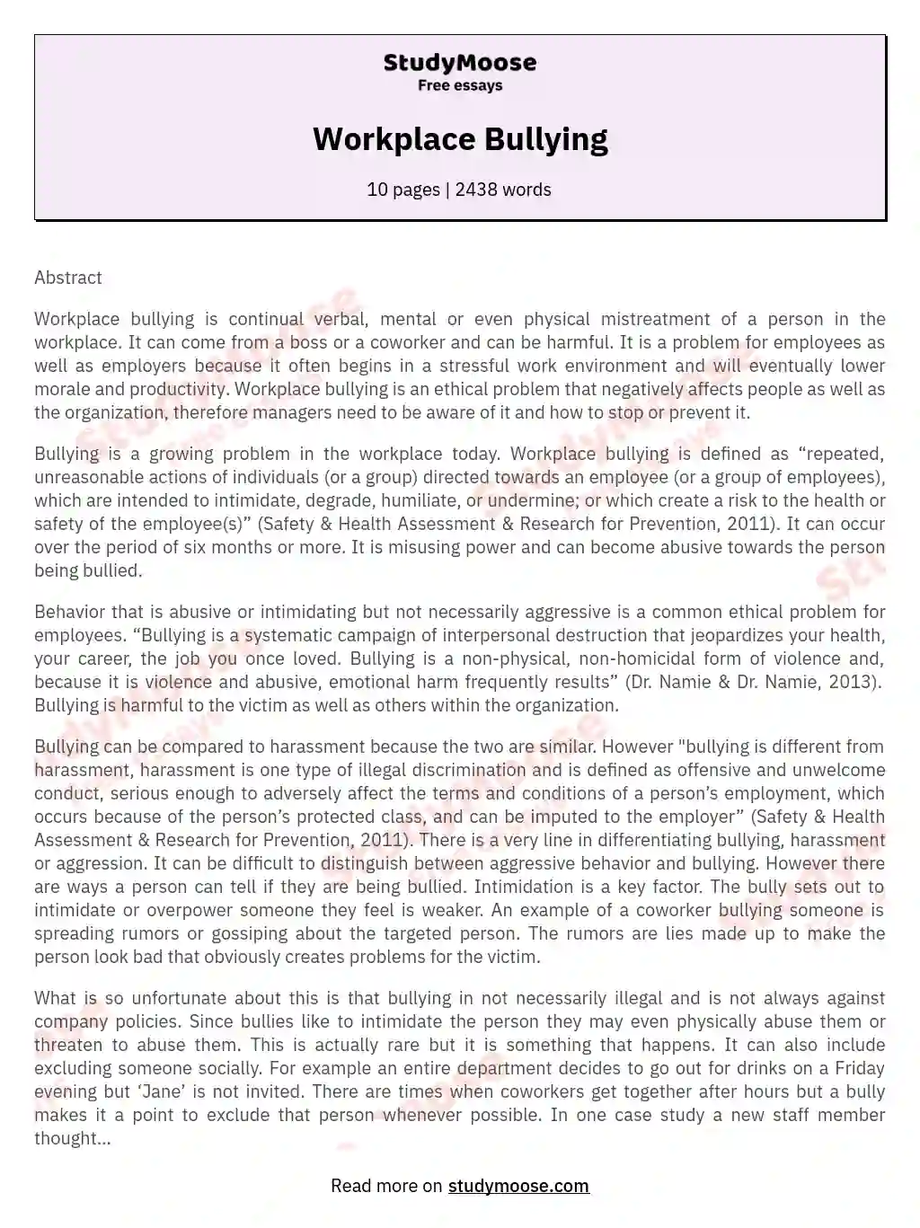 Workplace Bullying Free Essay Example