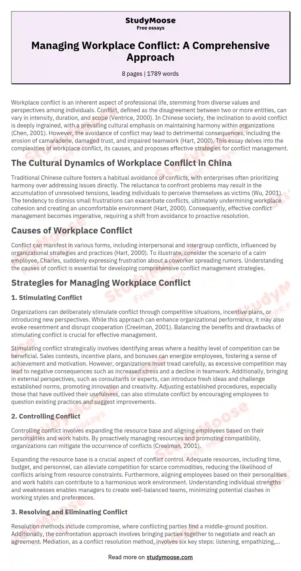 Managing Workplace Conflict: A Comprehensive Approach essay