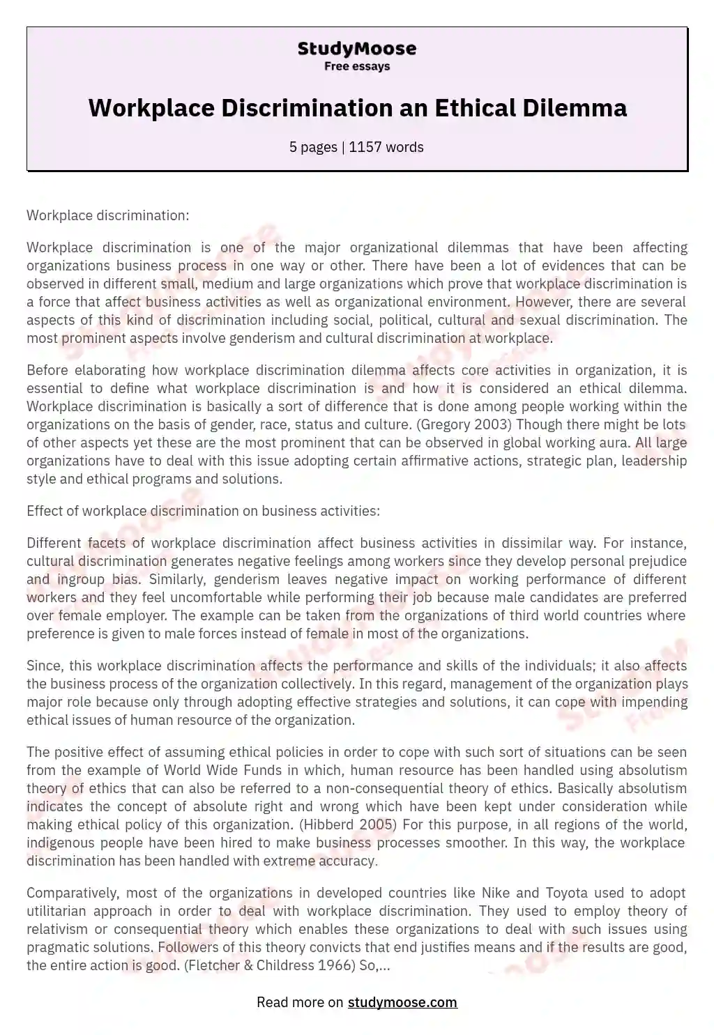 Workplace Discrimination An Ethical Dilemma Free Essay Example