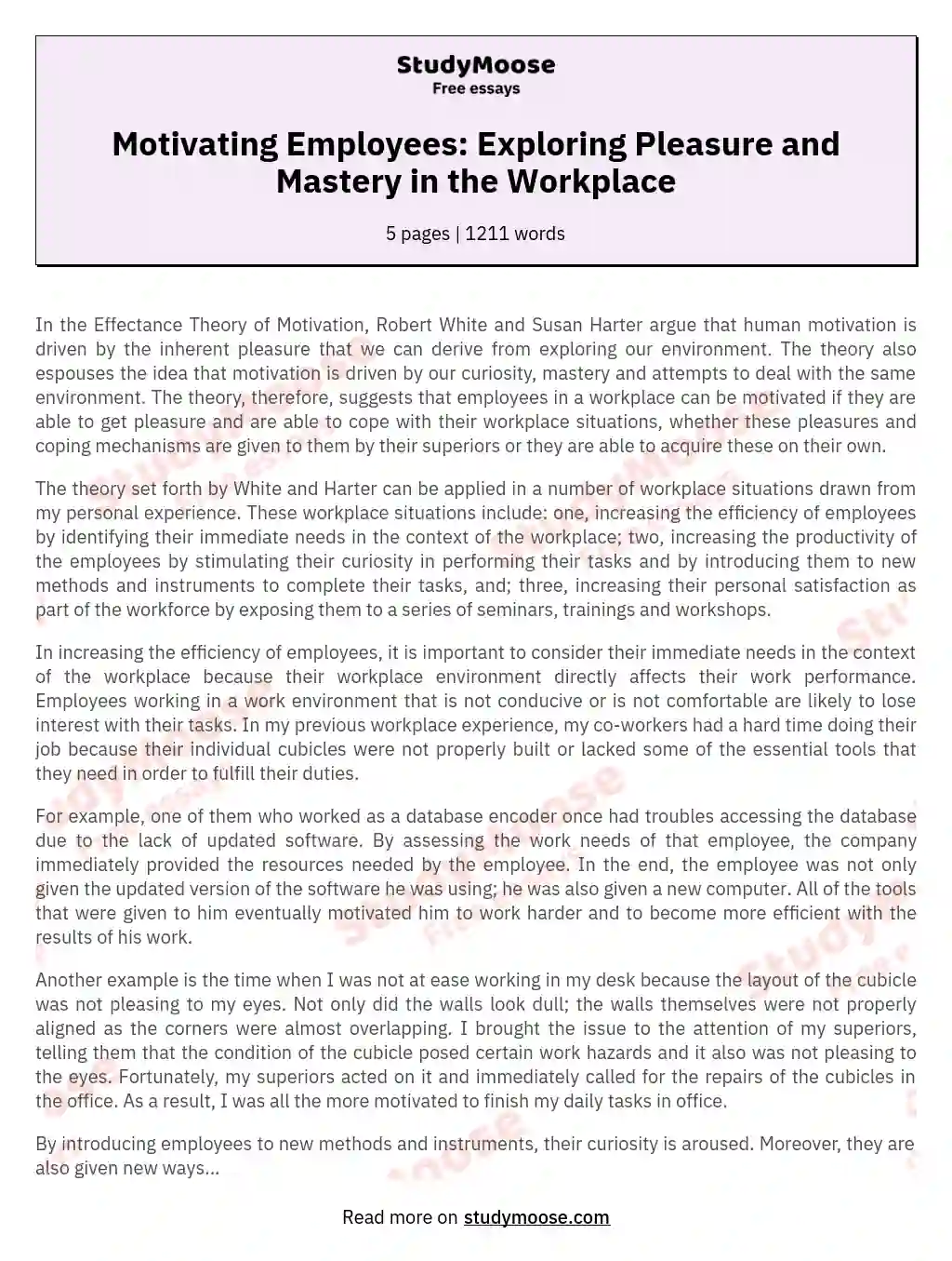 Motivating Employees: Exploring Pleasure and Mastery in the Workplace essay