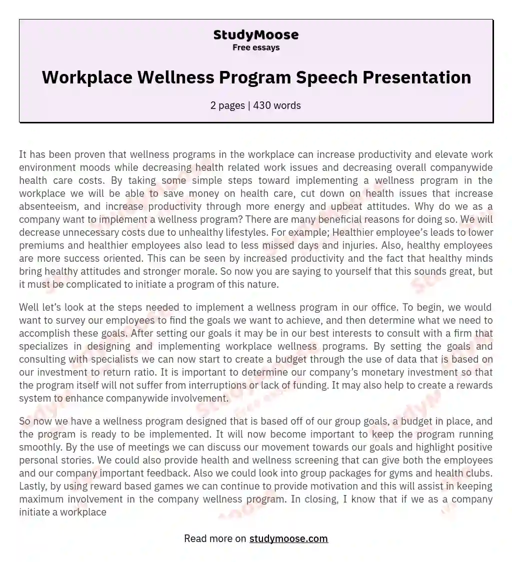 Workplace Wellness Program Speech Presentation essay
