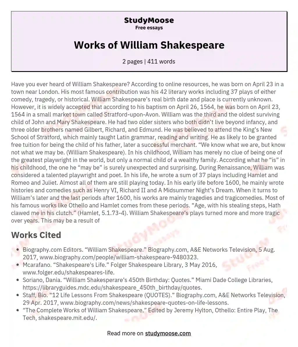 Works of William Shakespeare essay
