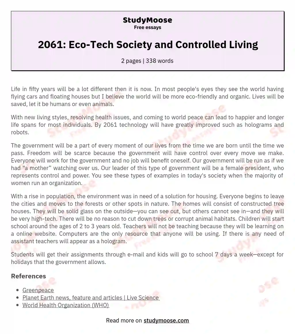 2061: Eco-Tech Society and Controlled Living essay