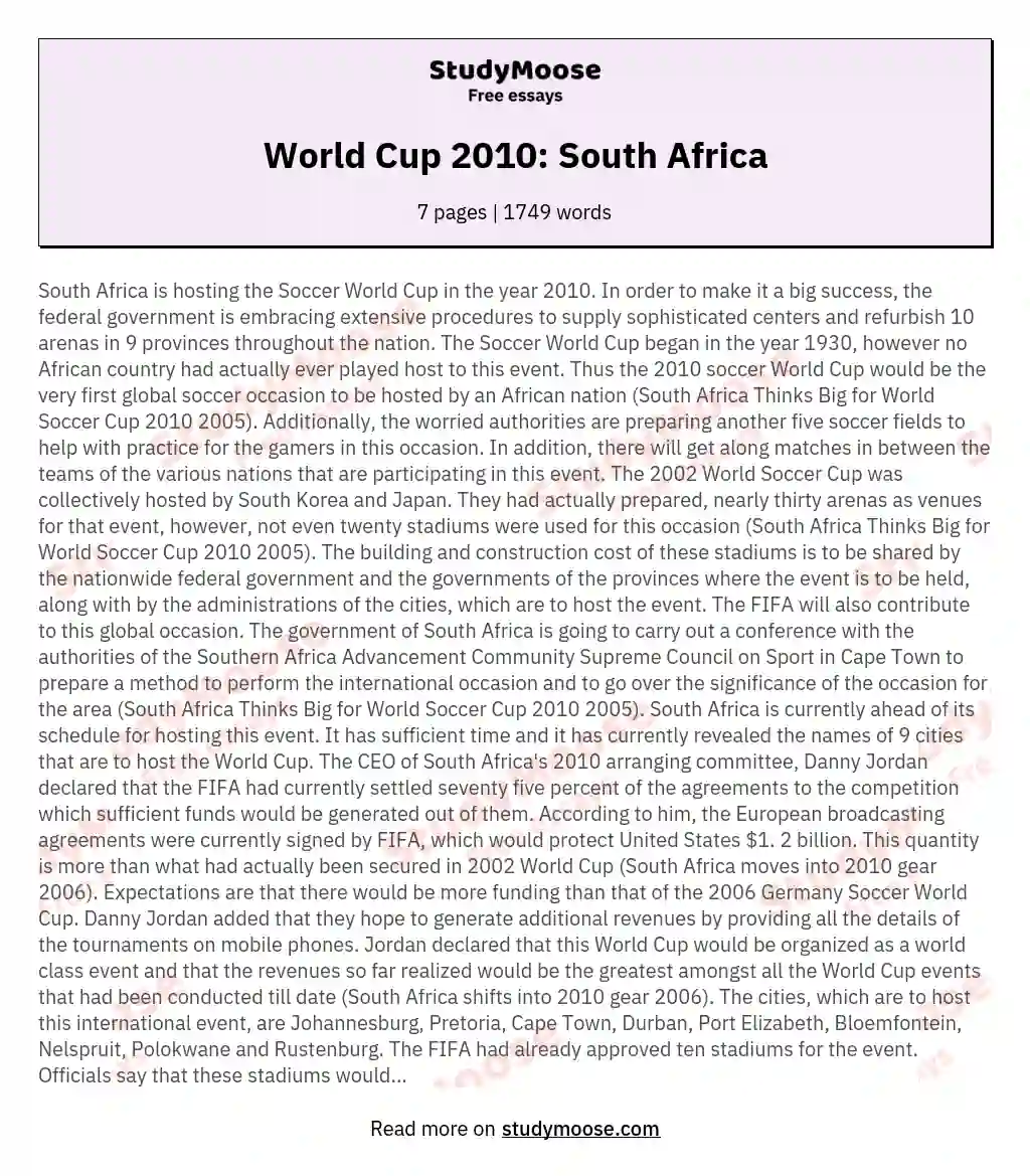 World Cup 2010: South Africa essay
