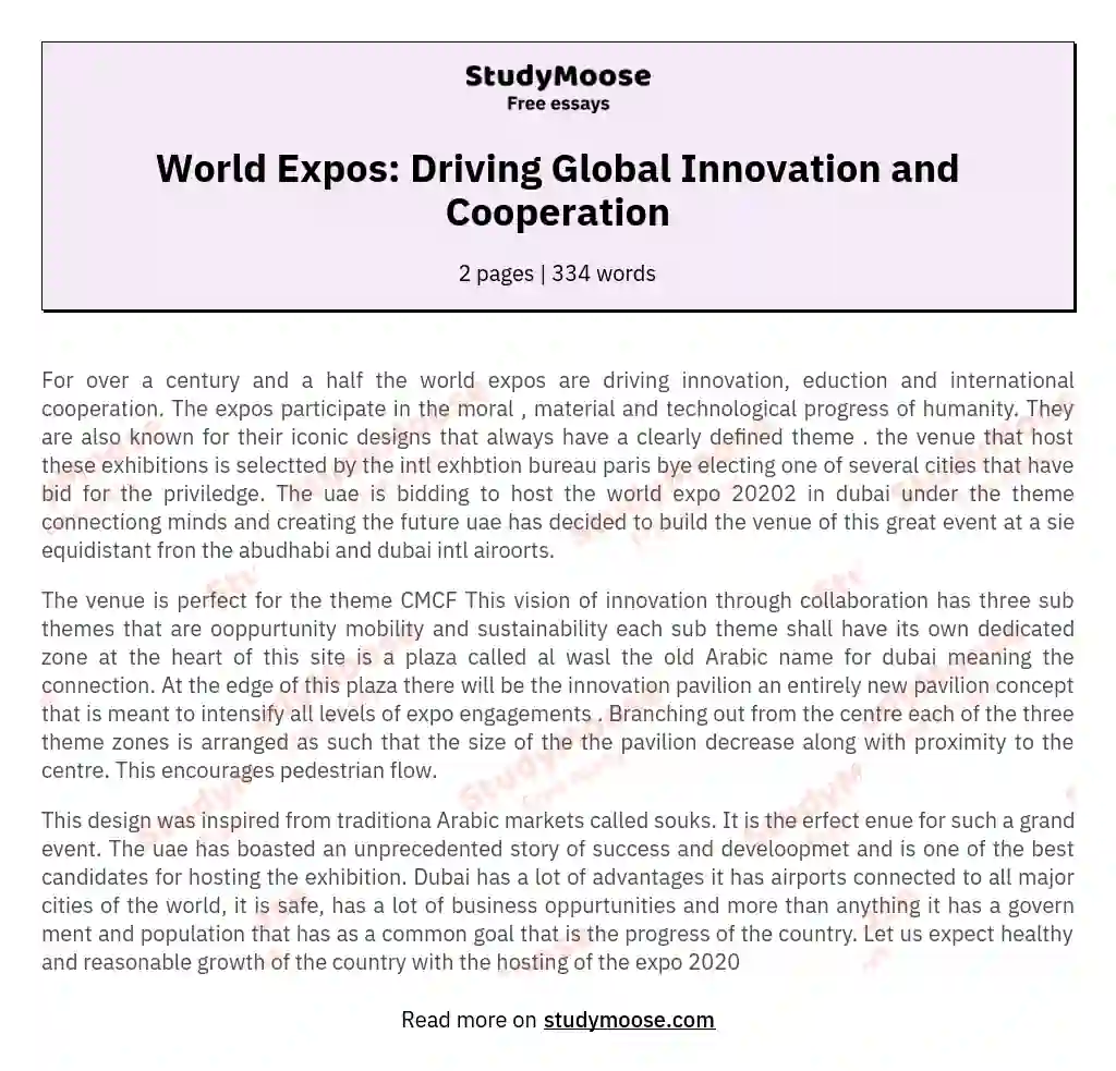 World Expos: Driving Global Innovation and Cooperation essay