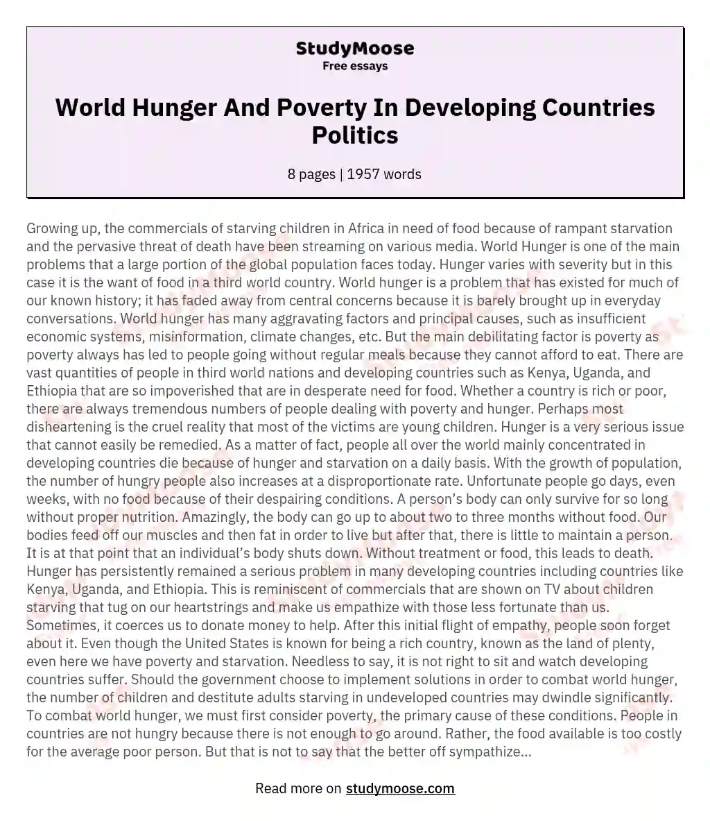 World Hunger And Poverty In Developing Countries Politics