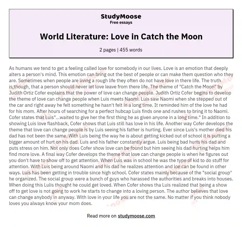 World Literature: Love in Catch the Moon essay